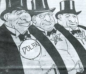 Karikatur aus der antisemitischen Zeitschrift Junges Kroatien von 1936. Aus: Ognjen Kraus (Hg.), Zna li se 1941-1945. Antisemitizam, Holokaust, Antifašizam, Zagreb 1995.