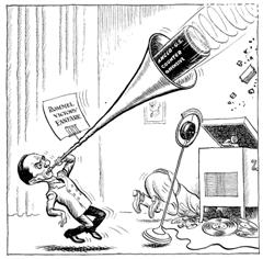 Alliierte Karikatur zu Goebbels' Propaganda im Krieg