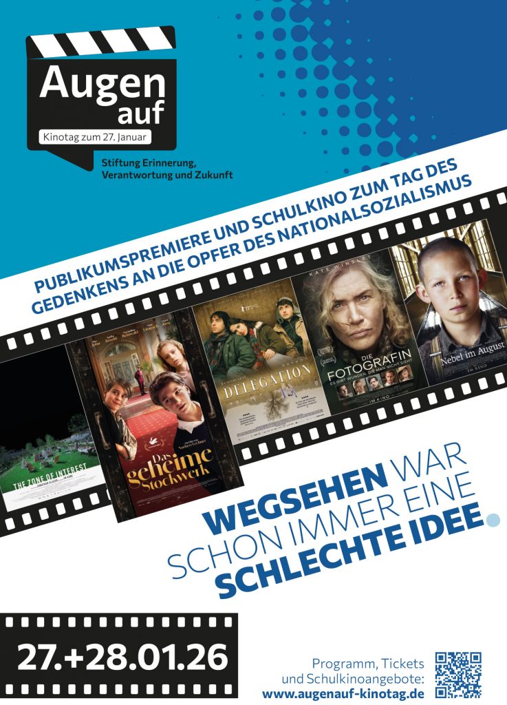 „Augen auf“-Kinotag 2026 bringt Filme, Schulkinotage und Filmgespräche zum Gedenktag 27. Januar in sechs Städten ins Kino der Erinnerung.