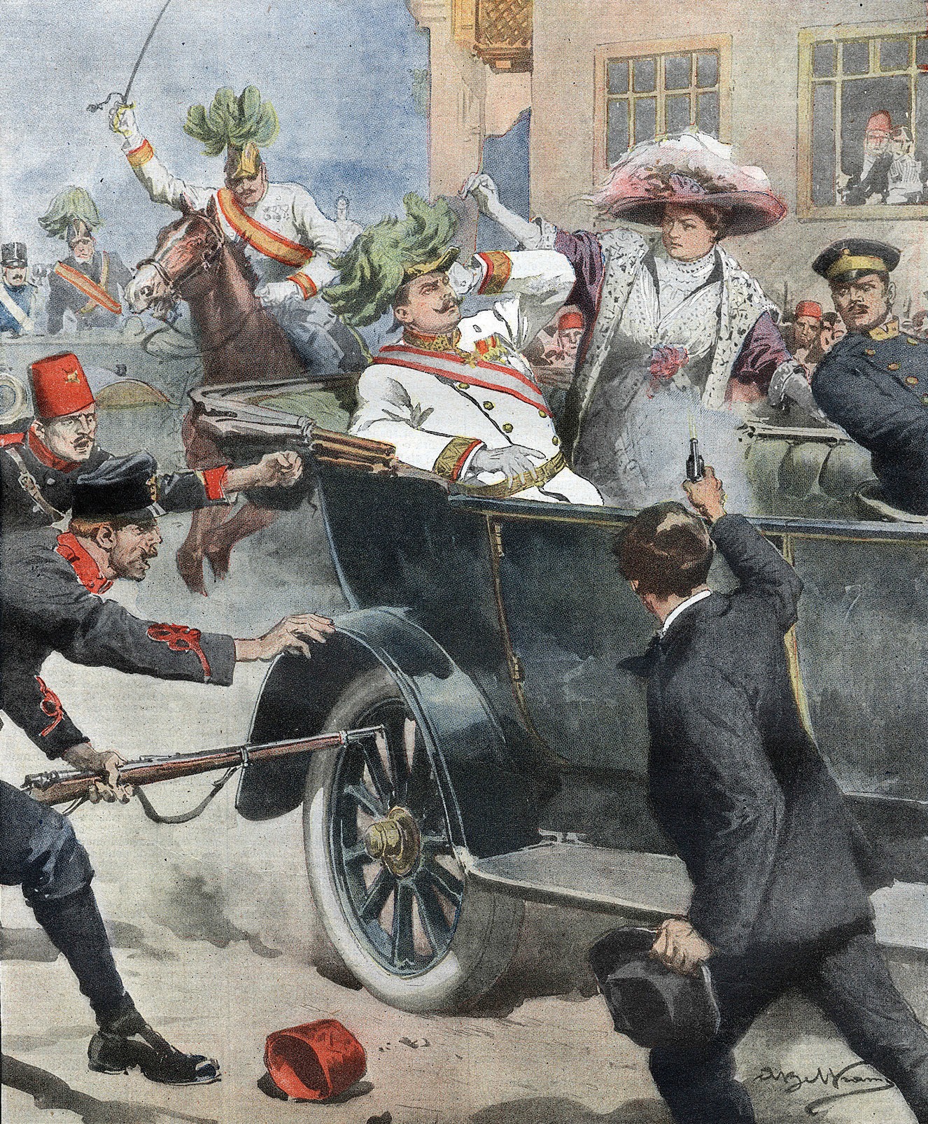 Illustration des Attentats auf Franz Ferdinand und Sophie in Sarajevo von Achille Beltrame