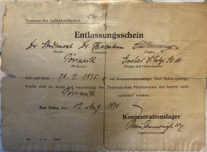 Entlassungsschein für einen Häftling des Konzentrationslagers Bad Sulza, ausgestellt am 17. August 1935 vom Lagerkommandanten