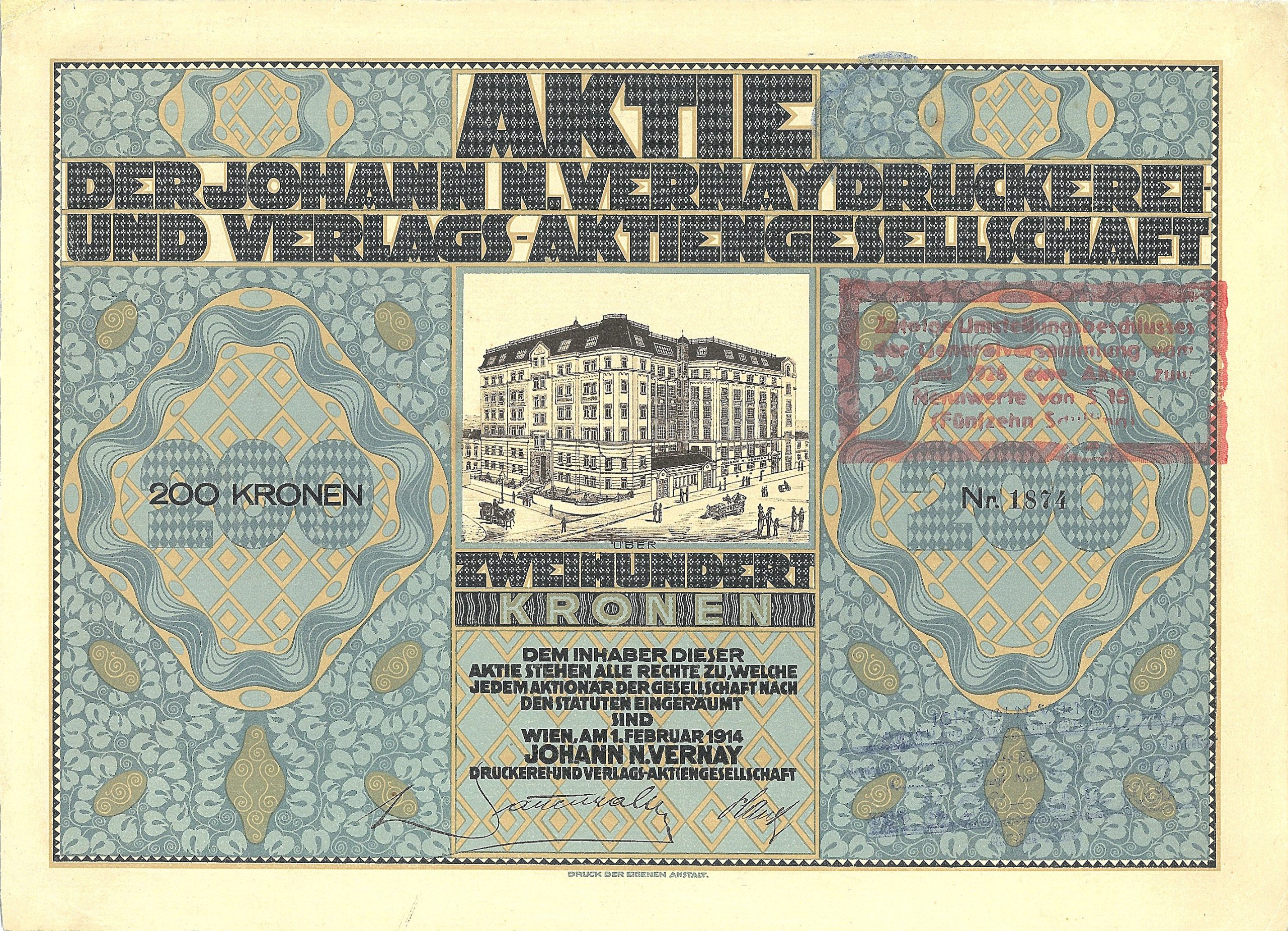 Verlagsaktie von 1914 mit Abbildung des Hauses Canisiusgasse 8–10 in Wien