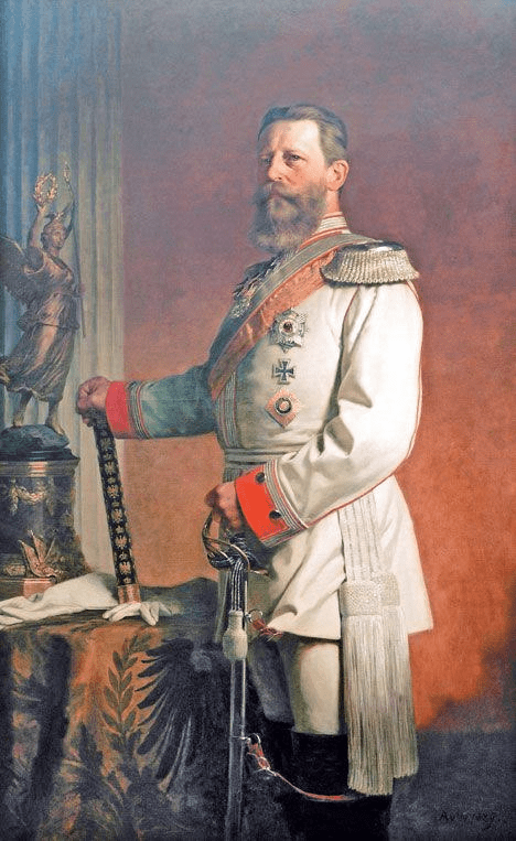 Kaiser Friedrich III. in der Uniform des Regiments der Gardes du Corps, Ölgemälde von Anton von Werner, 1888 Friedrichs Unterschrift noch als Friedrich Wilhelm, Kronprinz