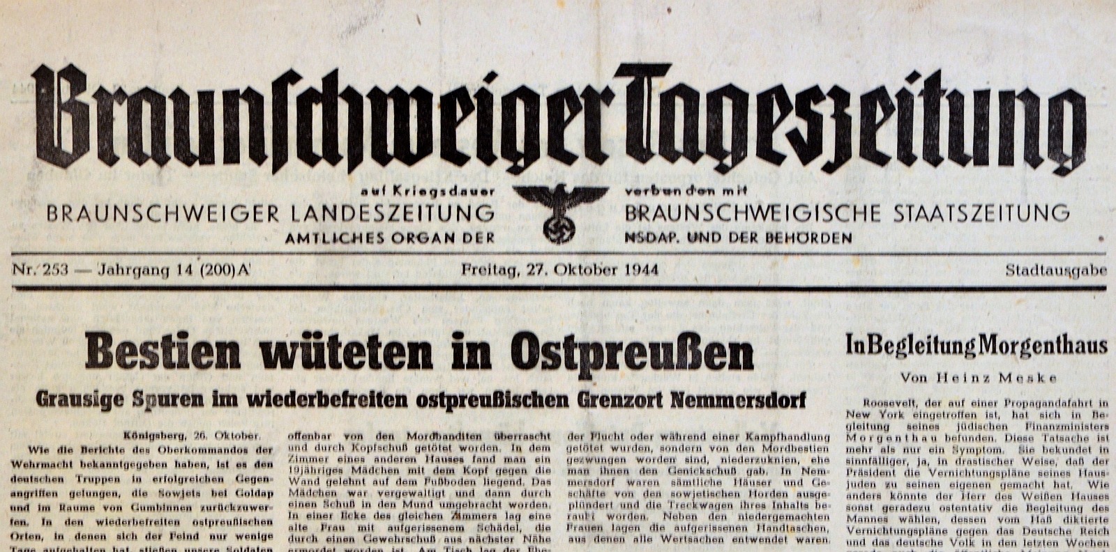 Schlagzeile in der Braunschweiger Tageszeitung vom 27. Oktober 1944