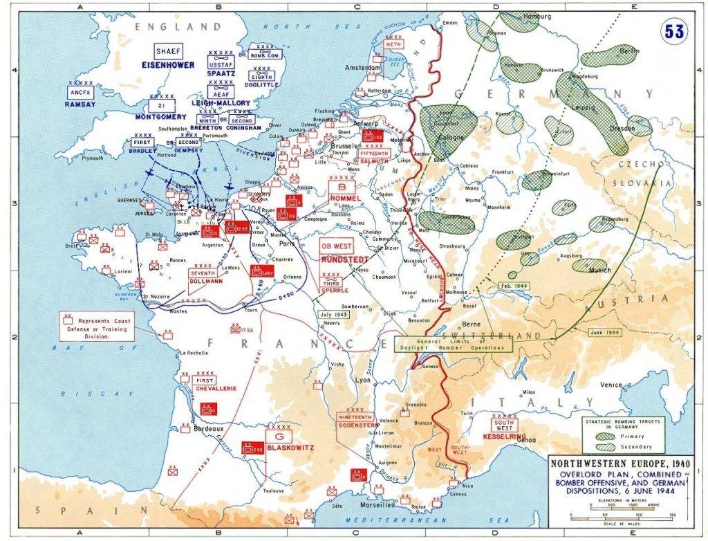 Plan zur Operation Overlord und zur begleitenden Bomberoffensive, mit den deutschen Stellungen am 6. Juni 1944