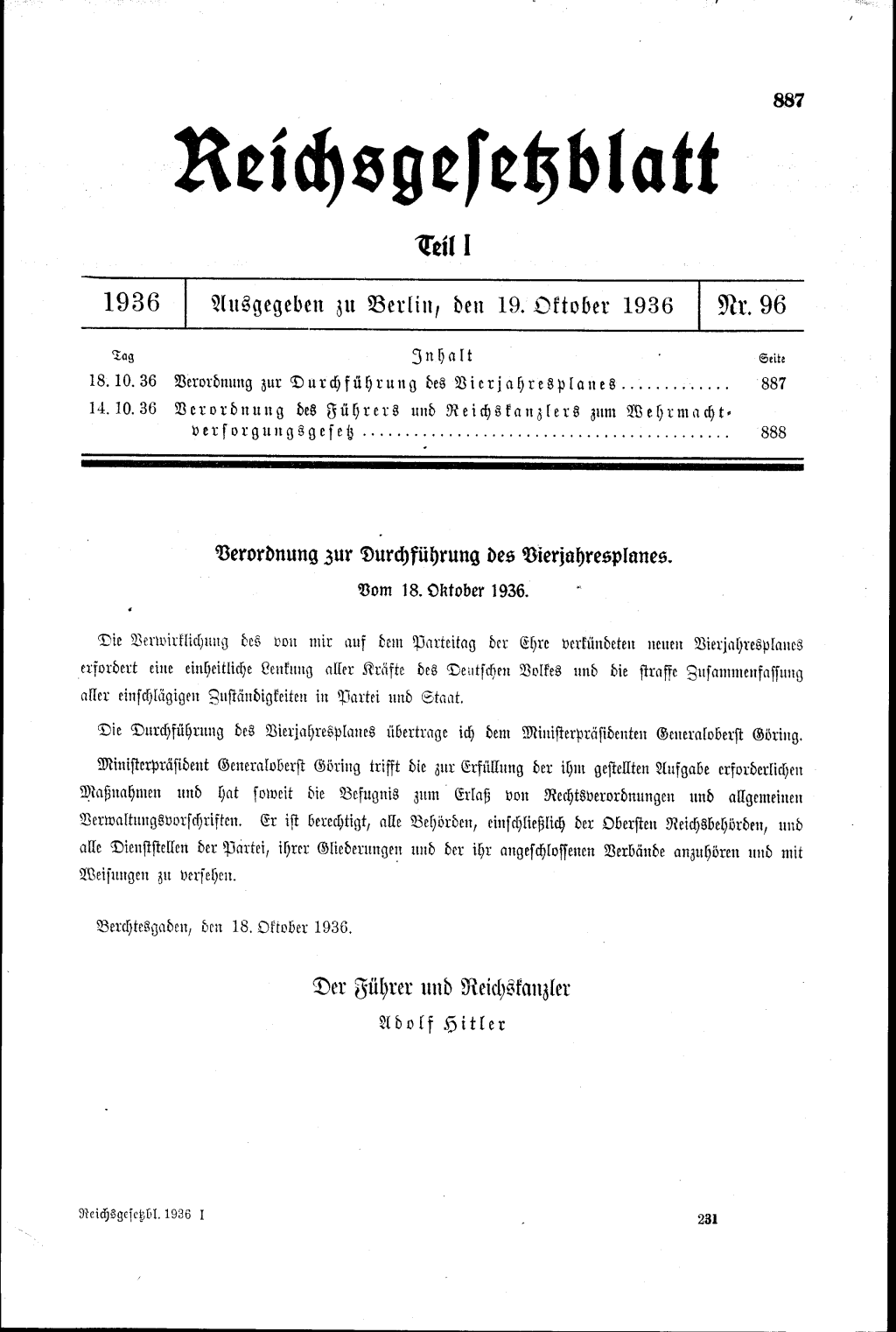 Reichsgesetzblatt vom 19. Oktober 1936: Verordnung zur Durchführung des Vierjahresplanes