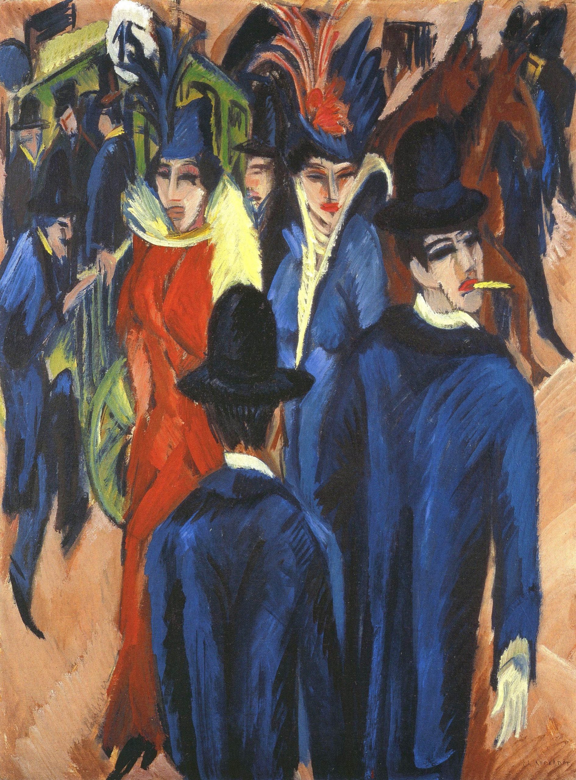 Zwei Frauen und Passanten in Ernst Ludwig Kirchners Gemälde „Berliner Straßenszene“ von 1913.