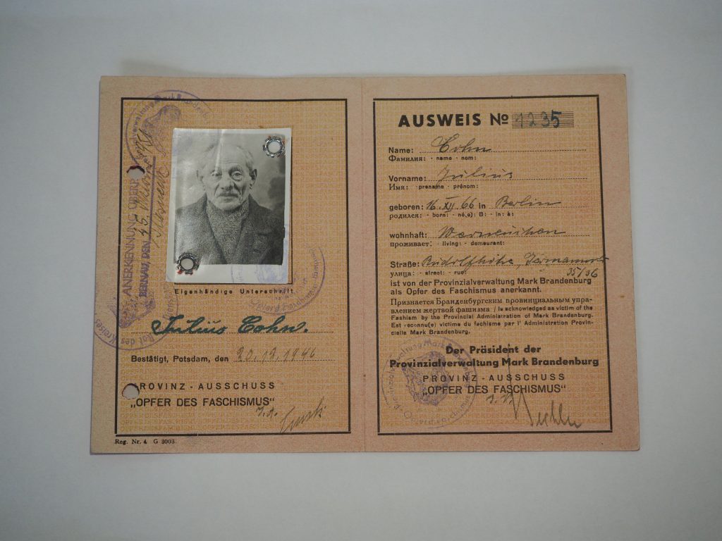 „Opfer-des Faschismus“-Ausweis von Julius Cohn aus dem Jahr 1946
Quelle: BLHA 601 RdB FfO VdN-1402