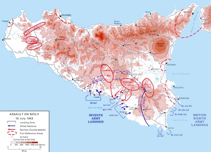 Operation Husky. Karte der alliierten Landungen auf Sizilien