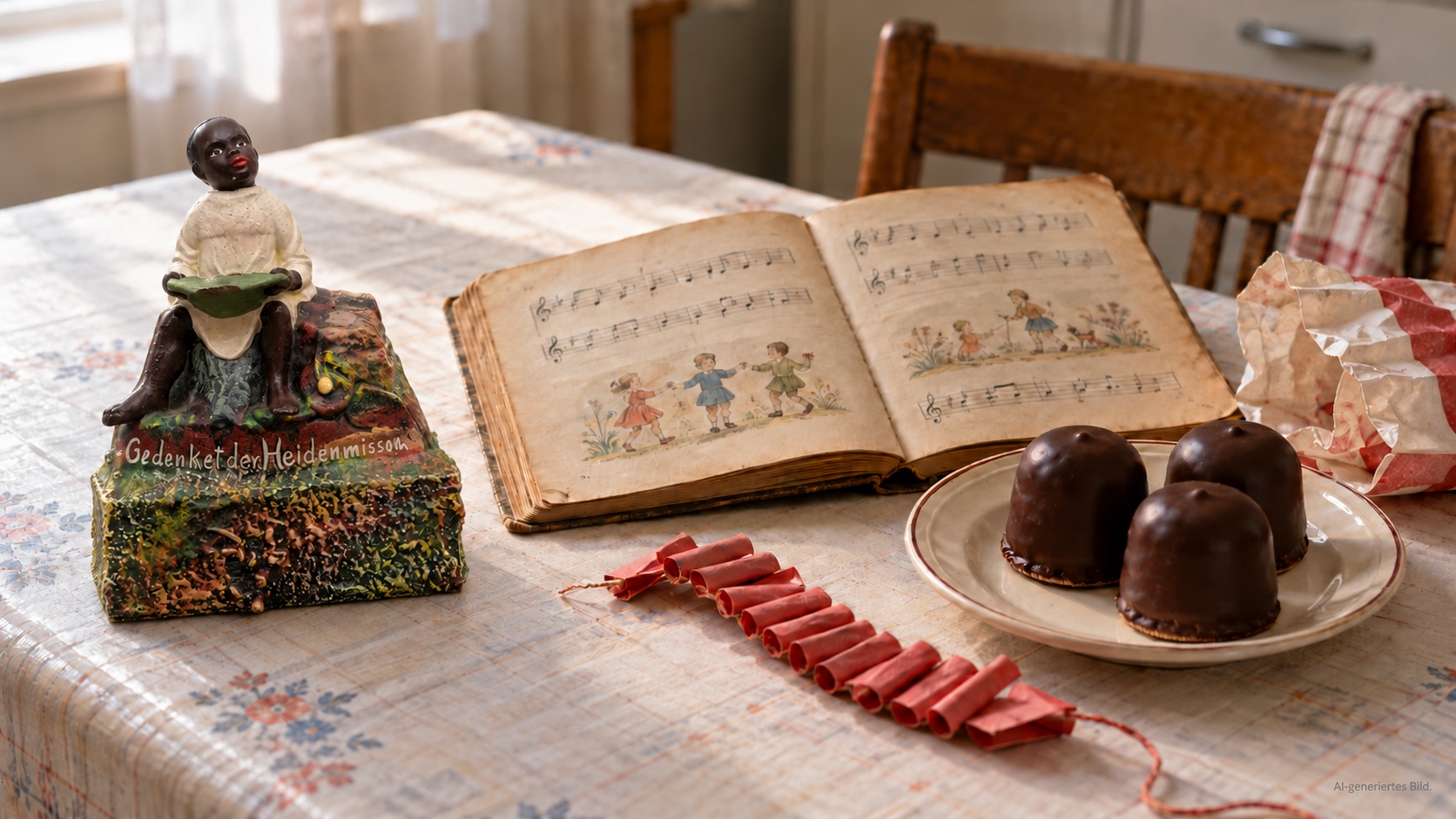 Historische Missionsspardose mit nickender Figur, altes Liederbuch, Schaumküsse und Silvesterknaller auf einem Küchentisch. AI-generiertes Bild.